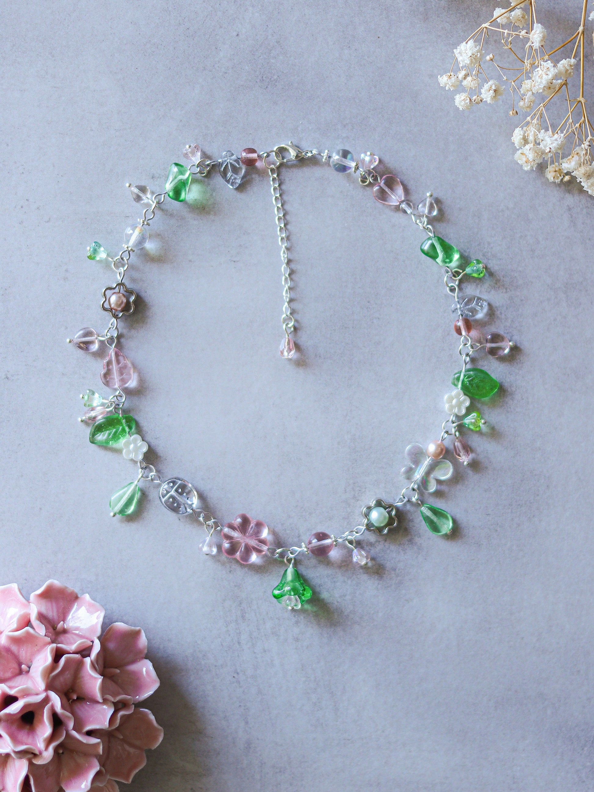 Flower garden necklace | Czech glass beads | flower charm, butterflies, leaves, ladybugs, glass beads