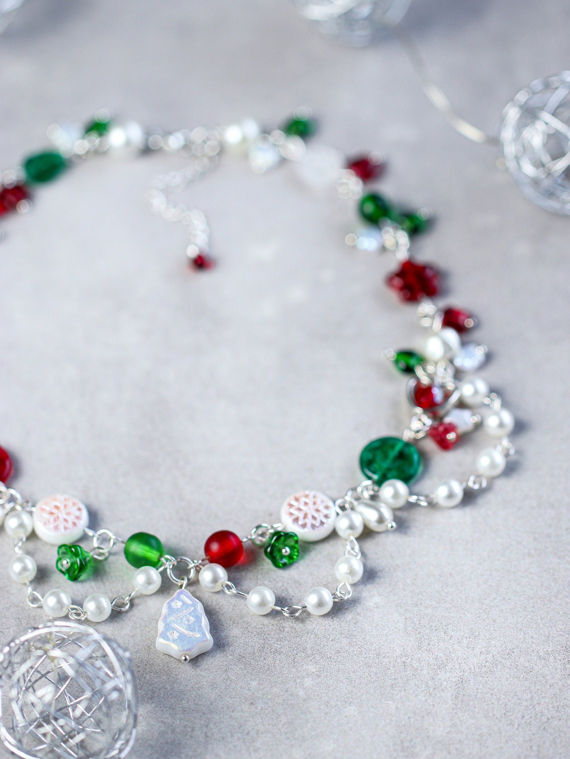 Christmas Winter necklace | Iridescent Christmas tree charm, bells, hearts, stars, snowflakes, pearls | Czech glass beads | holiday gift