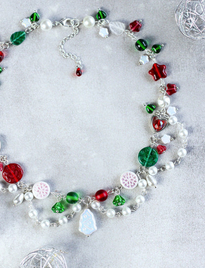 Christmas Winter necklace | Iridescent Christmas tree charm, bells, hearts, stars, snowflakes, pearls | Czech glass beads | holiday gift