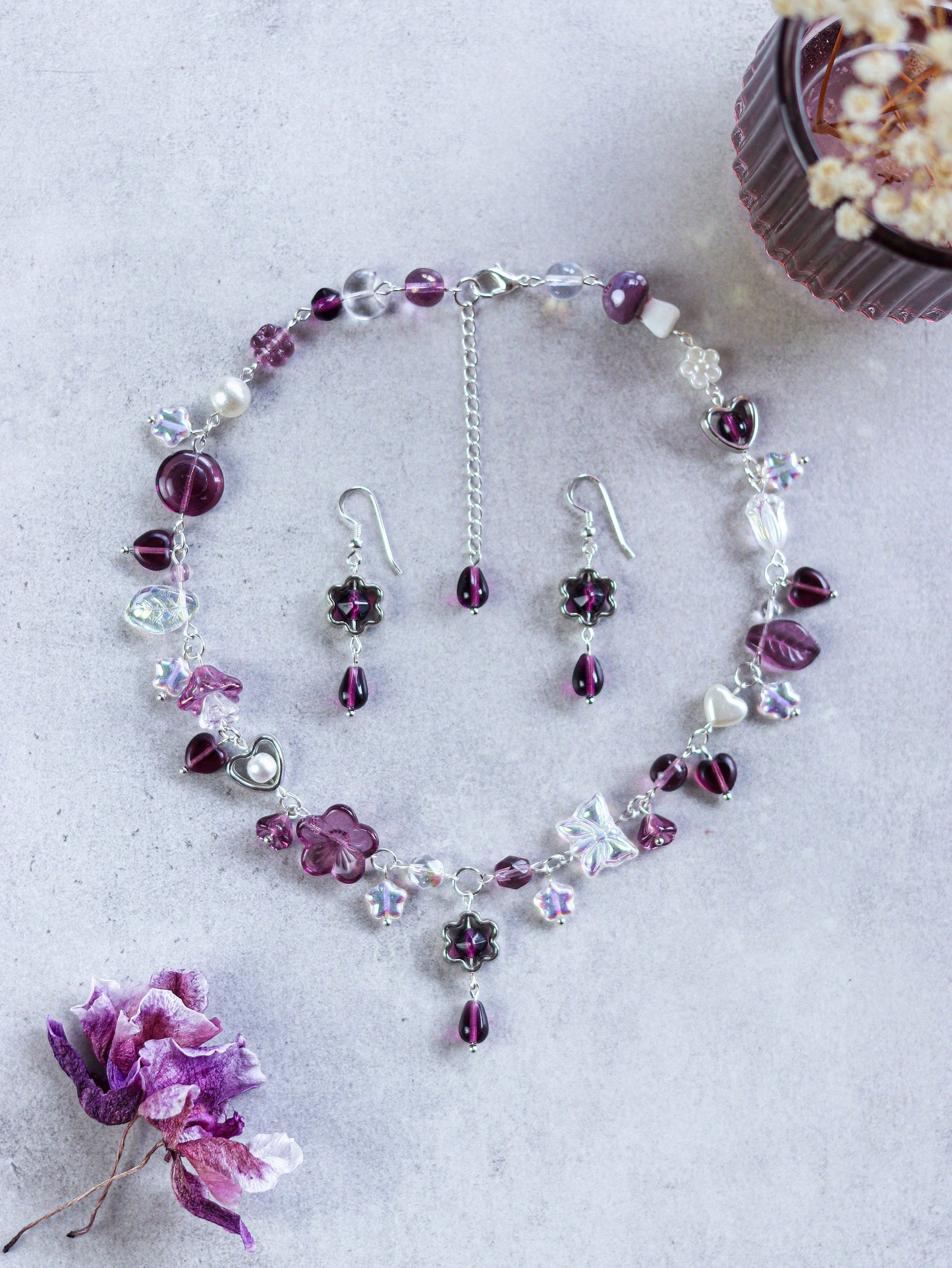 Purple Flower Necklace & Earrings