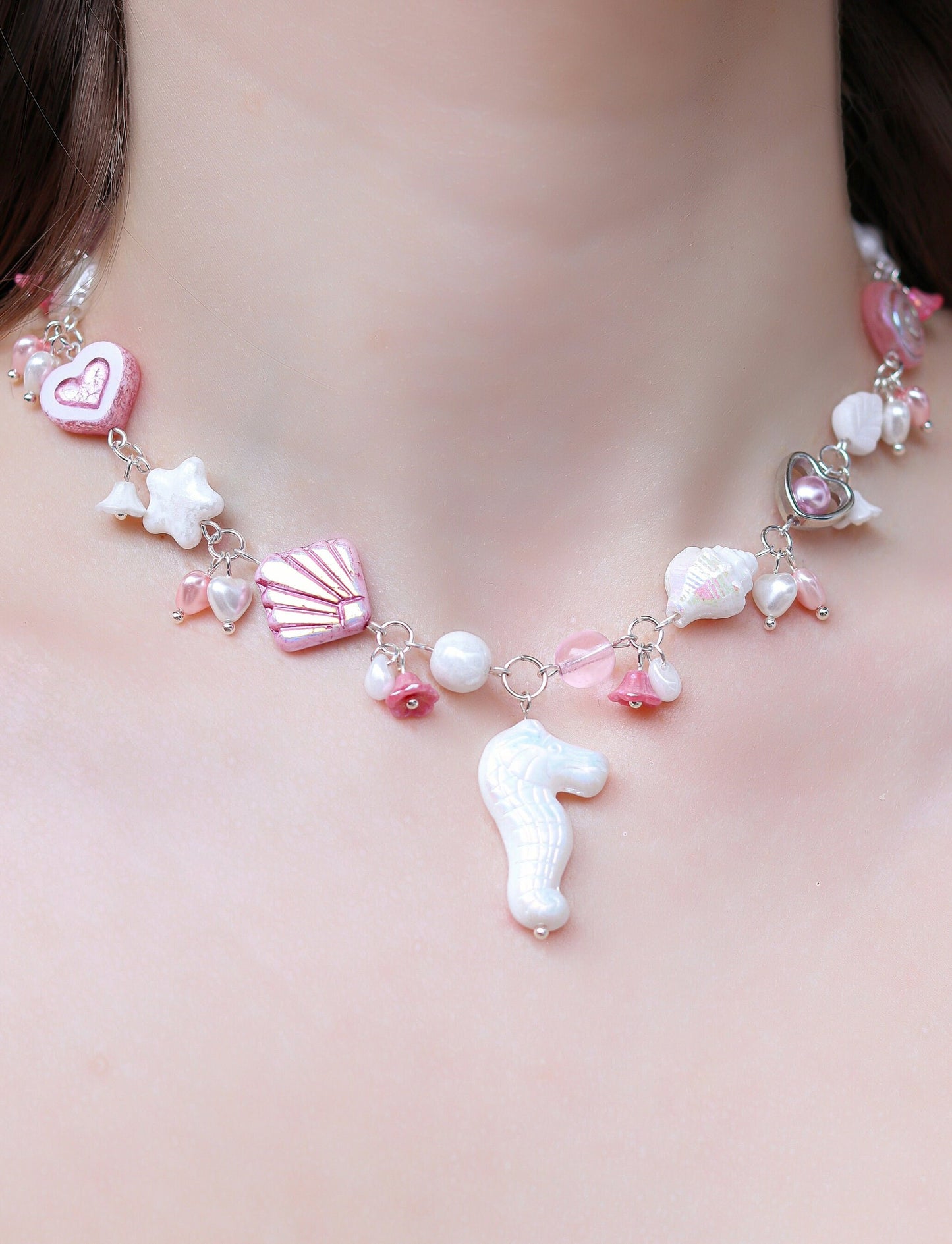 Cotton Candy Mermaid Ocean Necklace | Czech glass beads | seahorse, shells, stars and pearls