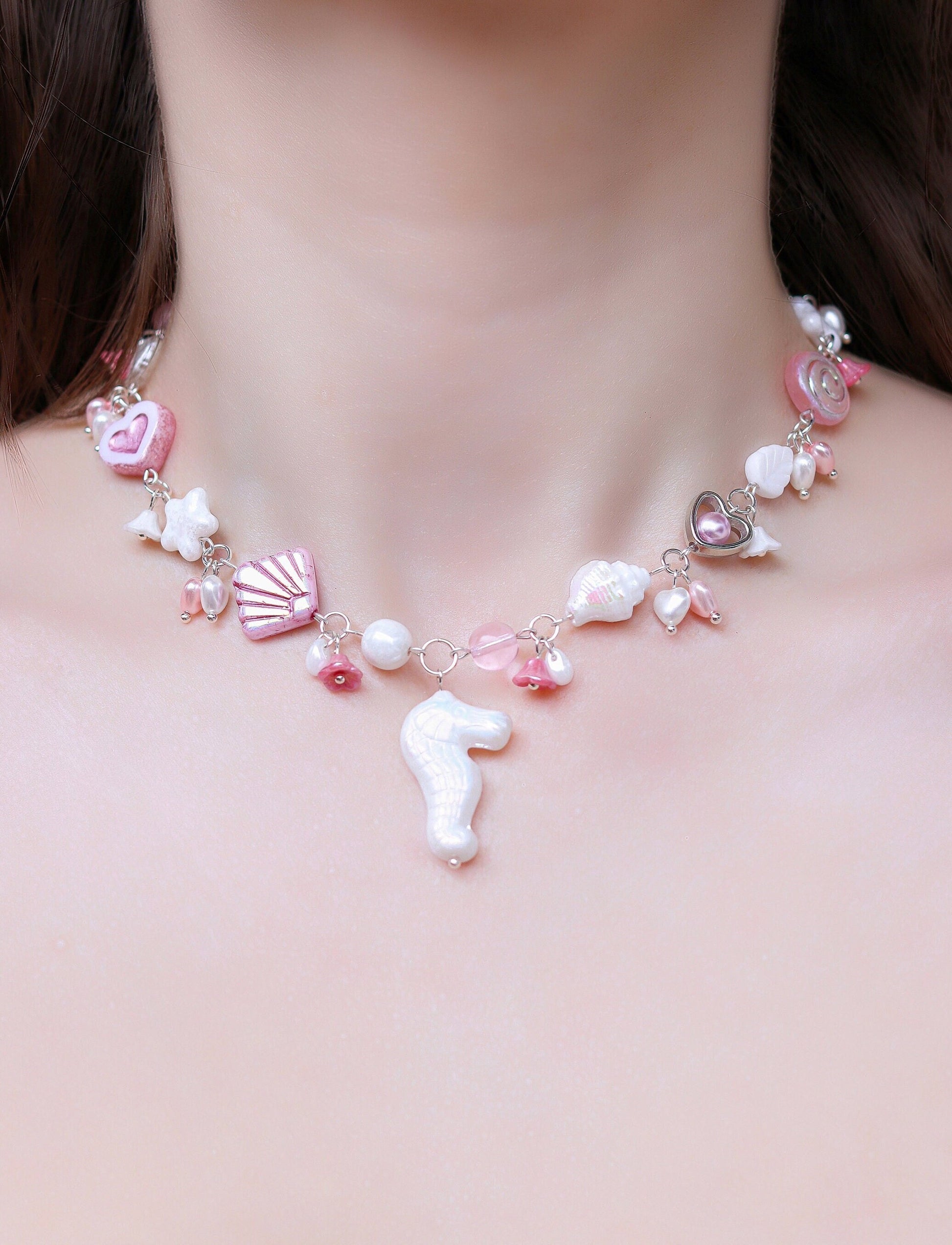 Cotton Candy Mermaid Ocean Necklace | Czech glass beads | seahorse, shells, stars and pearls