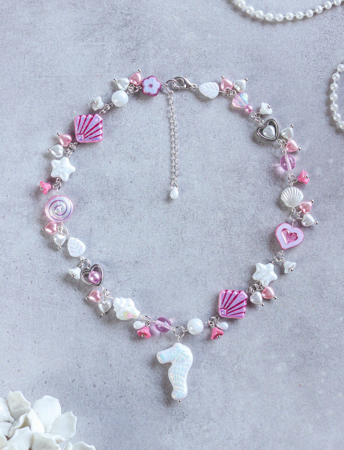 Cotton Candy Mermaid Ocean Necklace | Czech glass beads | seahorse, shells, stars and pearls