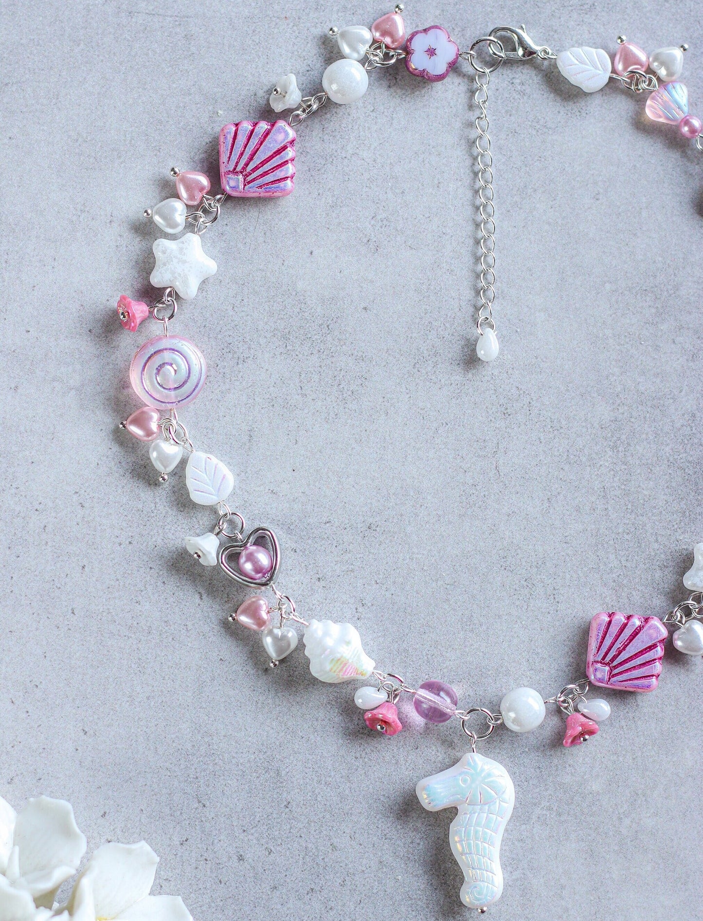 Cotton Candy Mermaid Ocean Necklace | Czech glass beads | seahorse, shells, stars and pearls