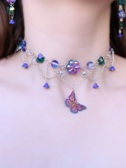 Enchanted Forest Necklace and Earrings set | Czech glass beads | with flowers, butterflies, leaves