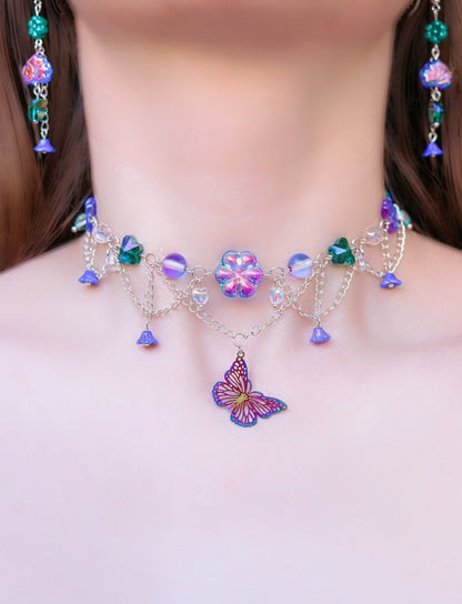 Enchanted Forest Necklace and Earrings set | Czech glass beads | with flowers, butterflies, leaves