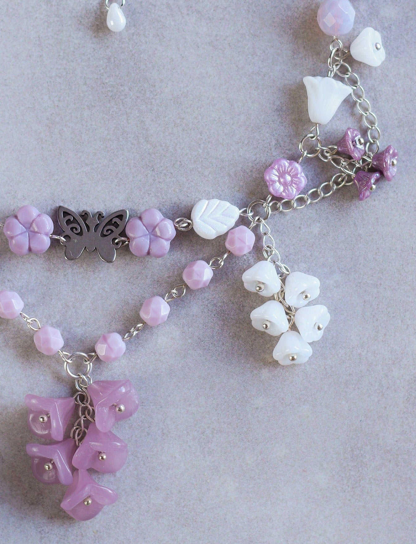 Lavender Meadow Necklace | Purple Lily of the Valley Choker Necklace | Czech glass beads | with flowers, butterflies, hearts, leaves