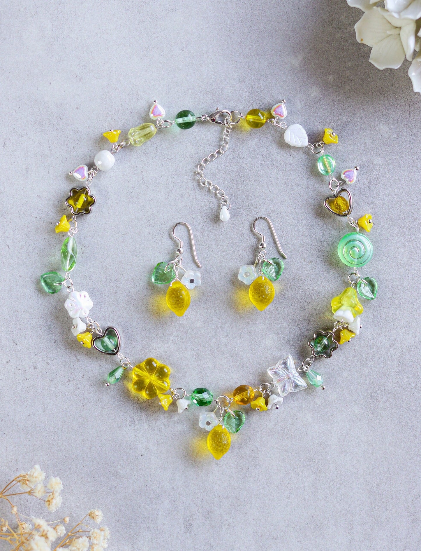 Lemon Garden Necklace and Earrings | Light Green