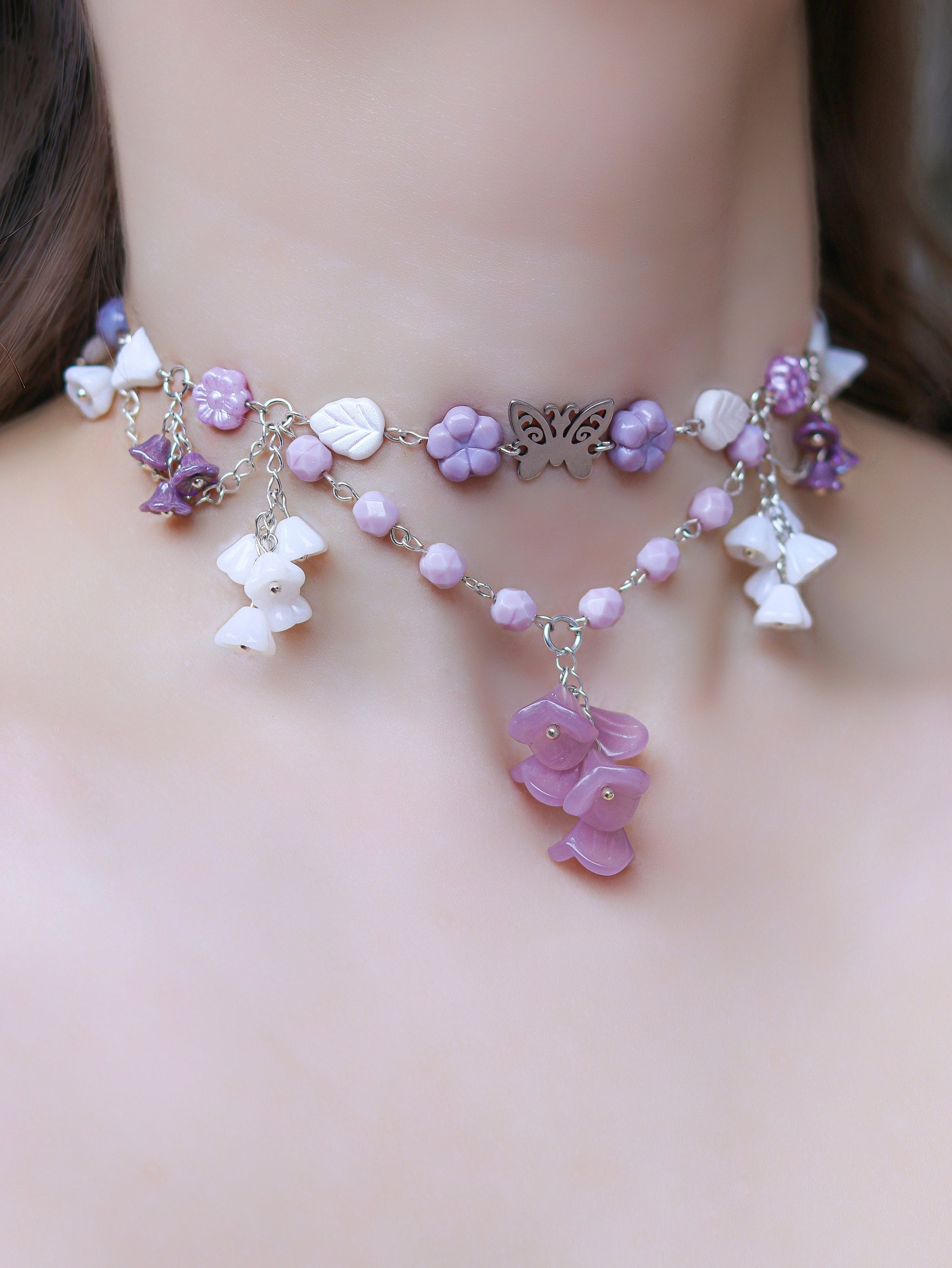 Lavender Meadow Necklace | Purple Lily of the Valley Choker Necklace | Czech glass beads | with flowers, butterflies, hearts, leaves