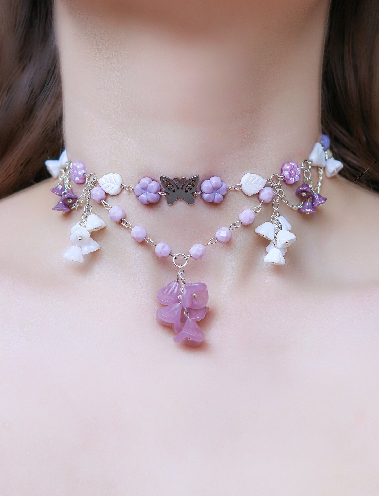 Lavender Meadow Necklace | Purple Lily of the Valley Choker Necklace | Czech glass beads | with flowers, butterflies, hearts, leaves