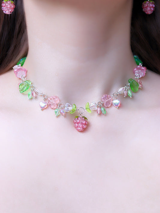 Berry Garden Necklace | Lampwork Strawberry Raspberry | Czech glass beads | Light Green with leaves, flowers, snails, hearts, stars