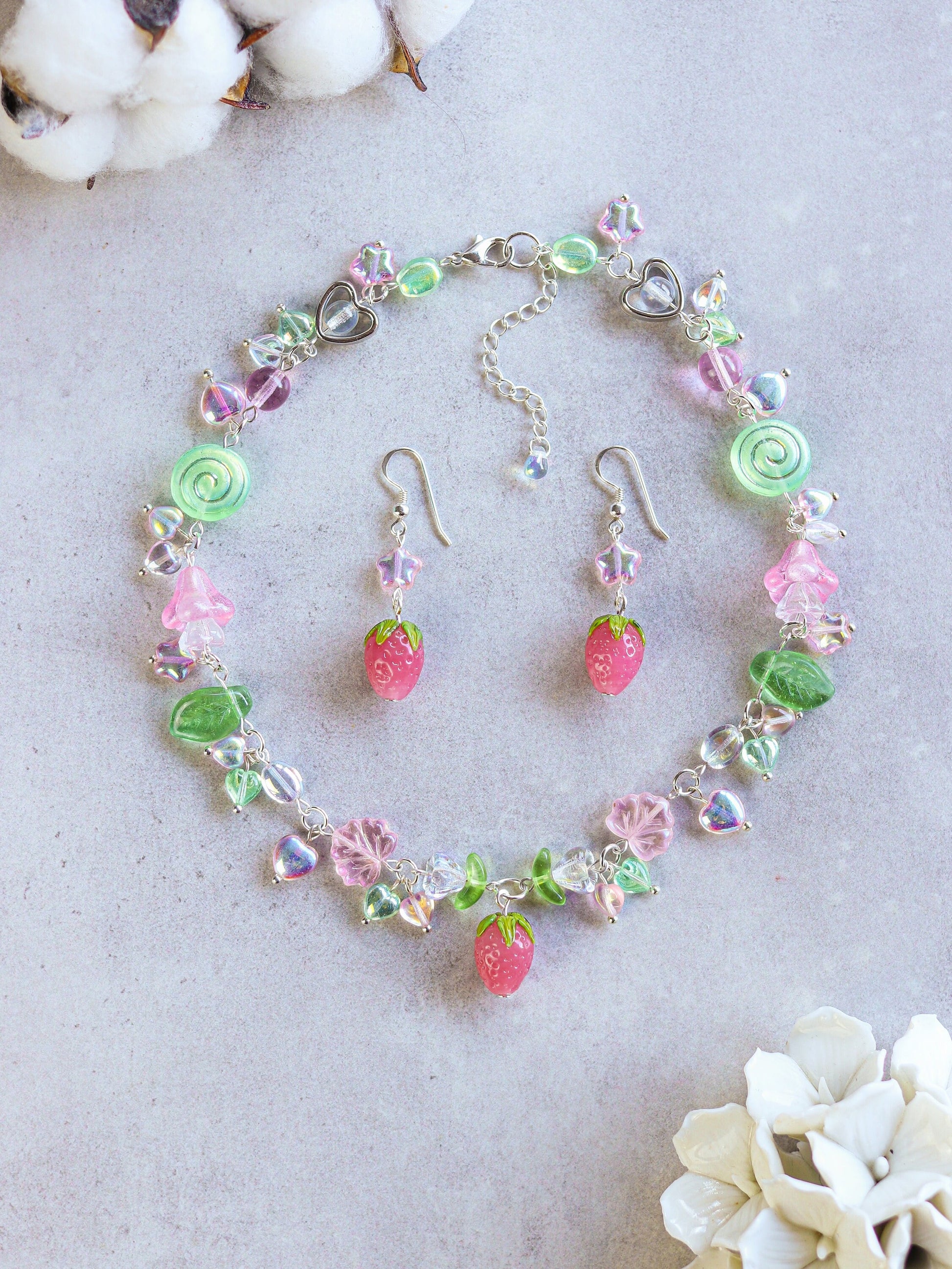 Berry Garden Necklace | Lampwork Strawberry Raspberry | Czech glass beads | Light Green with leaves, flowers, snails, hearts, stars