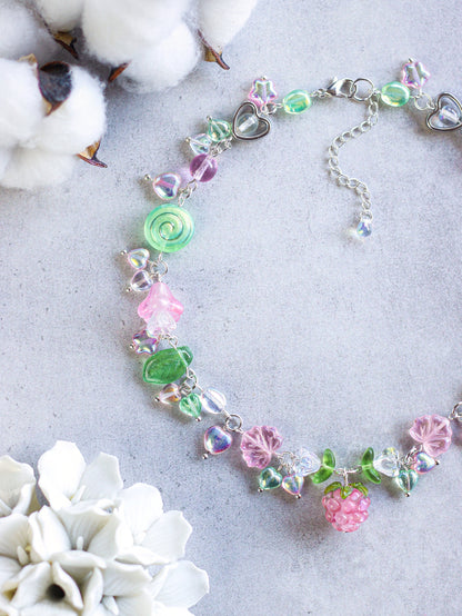 Berry Garden Necklace | Lampwork Strawberry Raspberry | Czech glass beads | Light Green with leaves, flowers, snails, hearts, stars