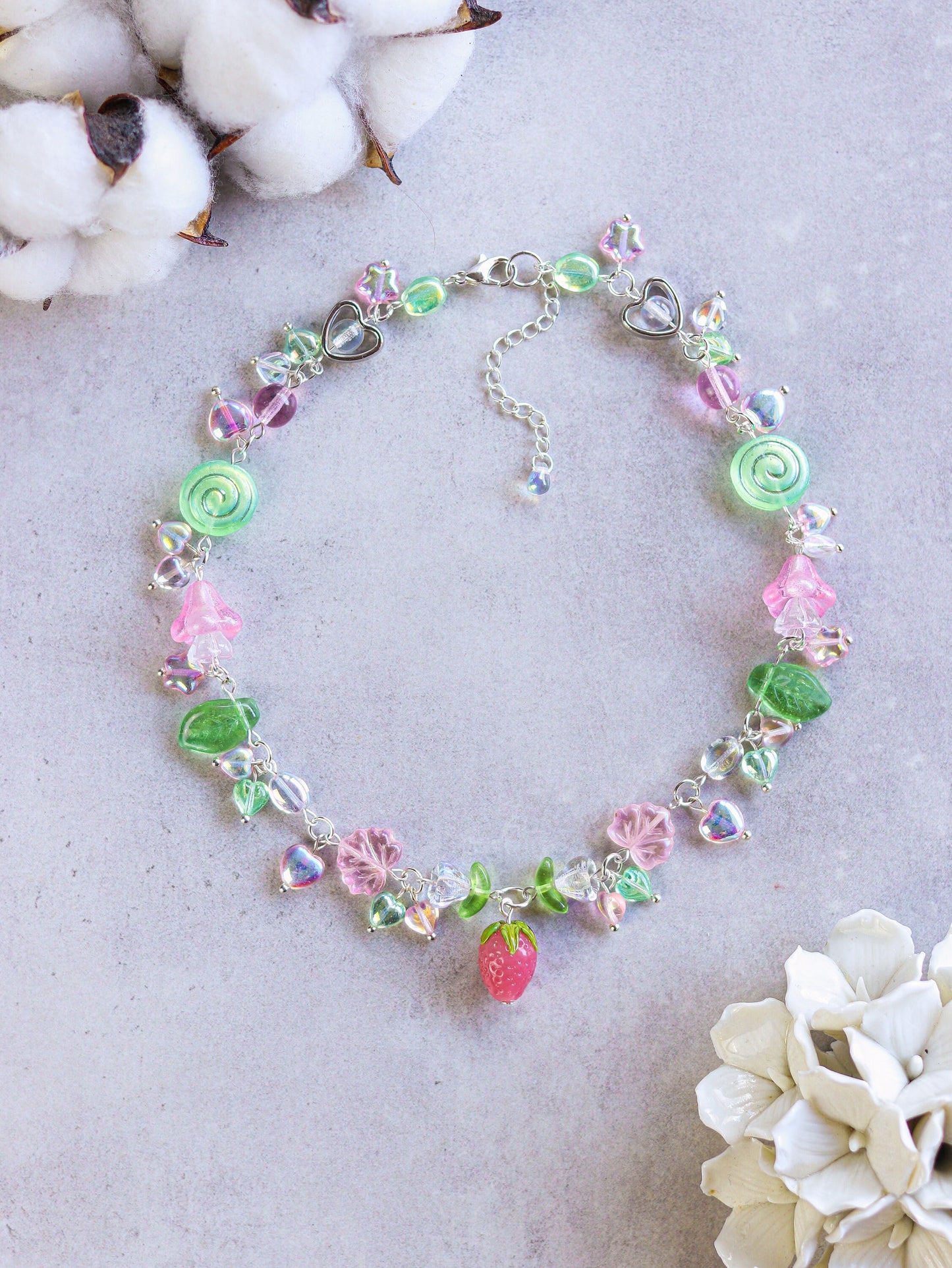 Berry Garden Necklace | Lampwork Strawberry Raspberry | Czech glass beads | Light Green with leaves, flowers, snails, hearts, stars