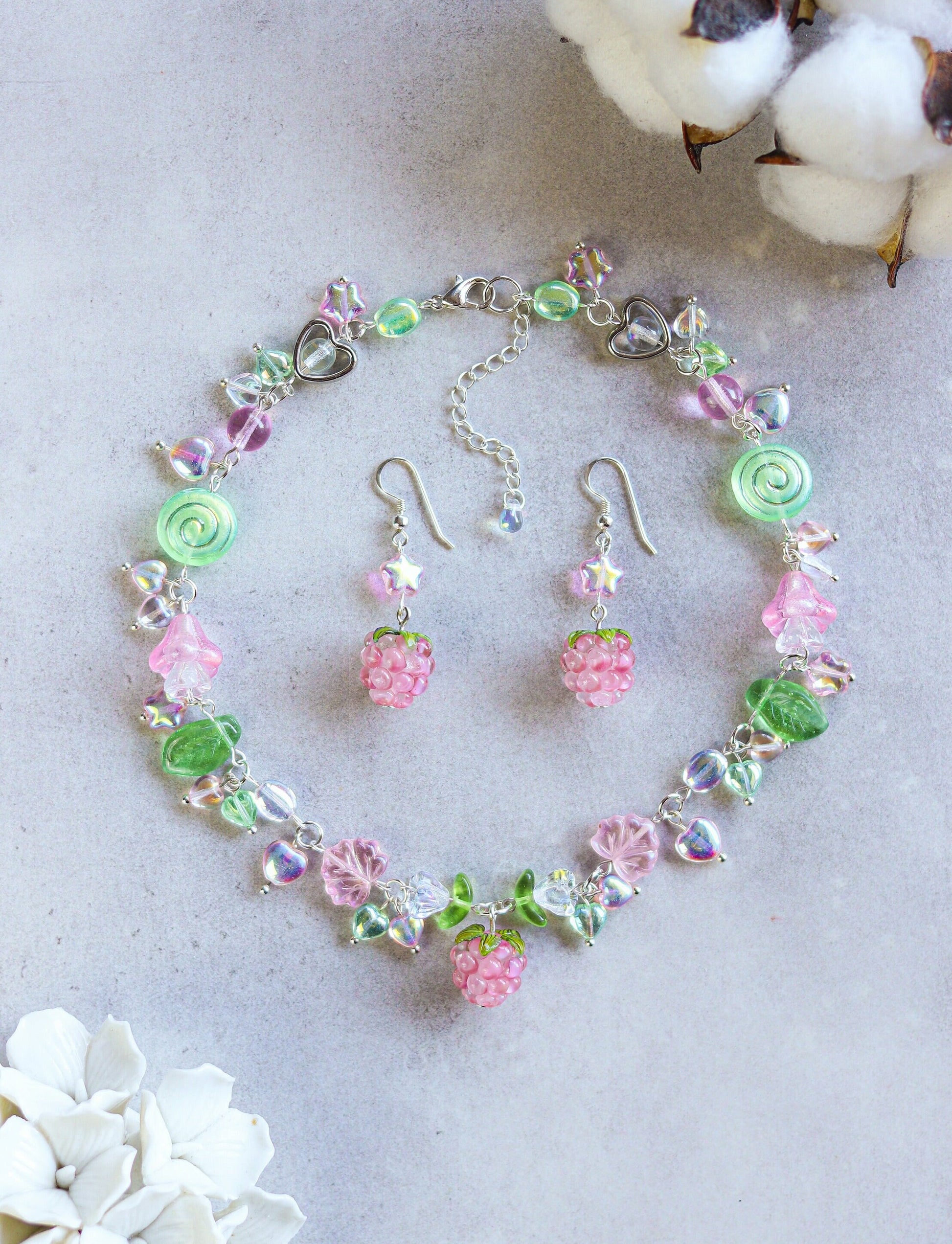 Berry Garden Necklace | Lampwork Strawberry Raspberry | Czech glass beads | Light Green with leaves, flowers, snails, hearts, stars