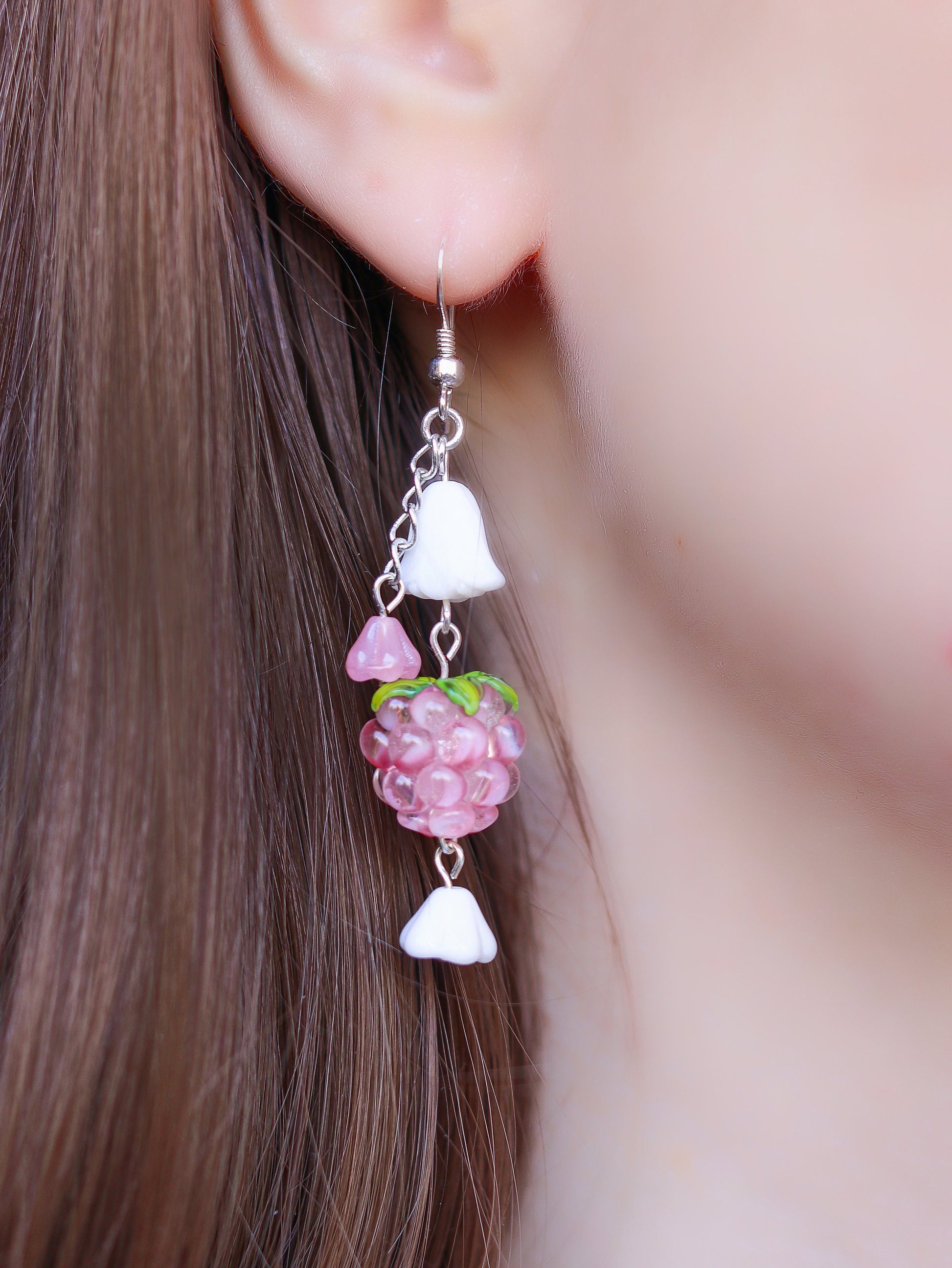 Pink Berry Shortcake Earrings | Czech glass beads | Lampwork Strawberry Raspberry | 925 sterling silver