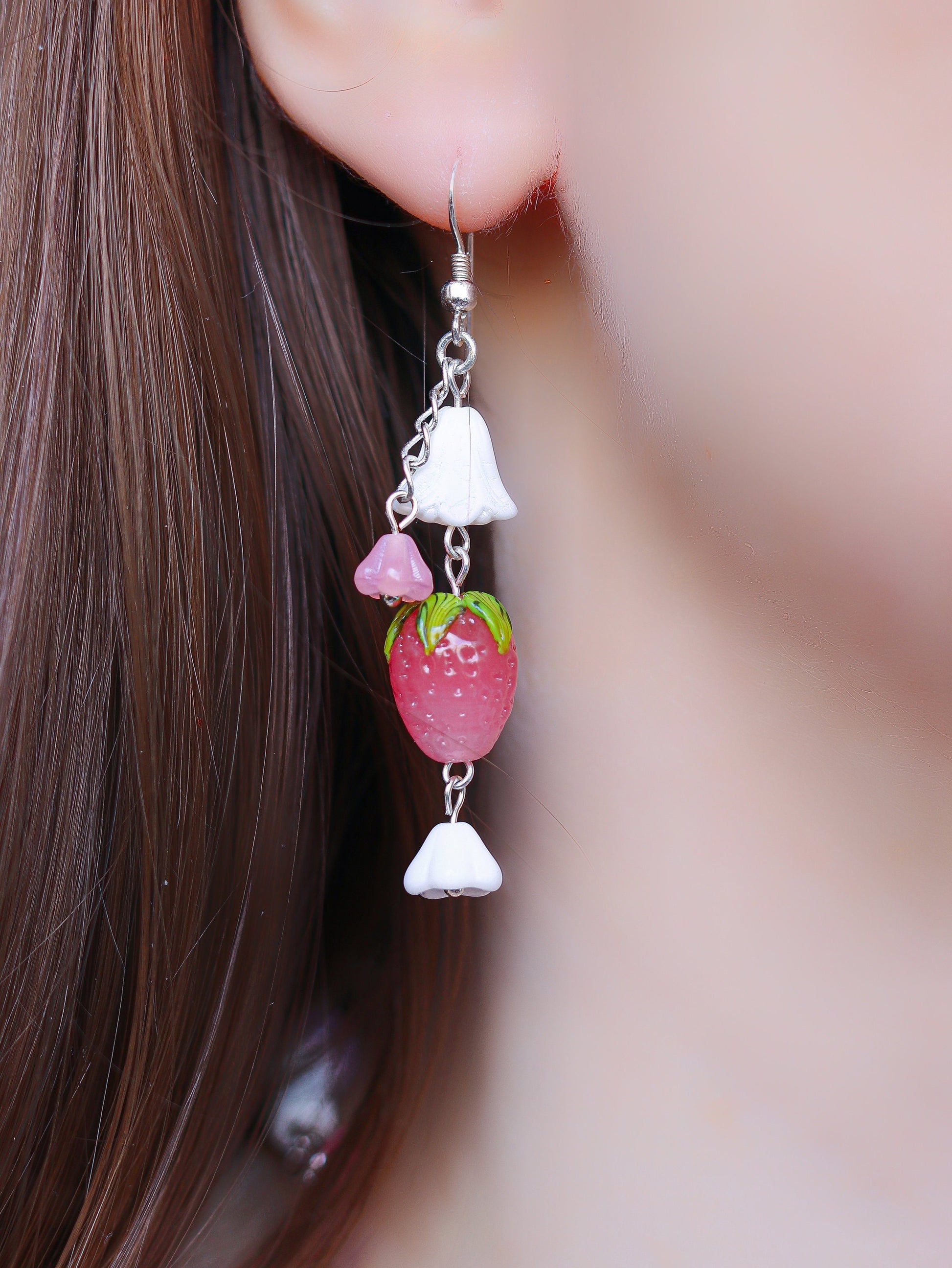 Pink Berry Shortcake Earrings | Czech glass beads | Lampwork Strawberry Raspberry | 925 sterling silver