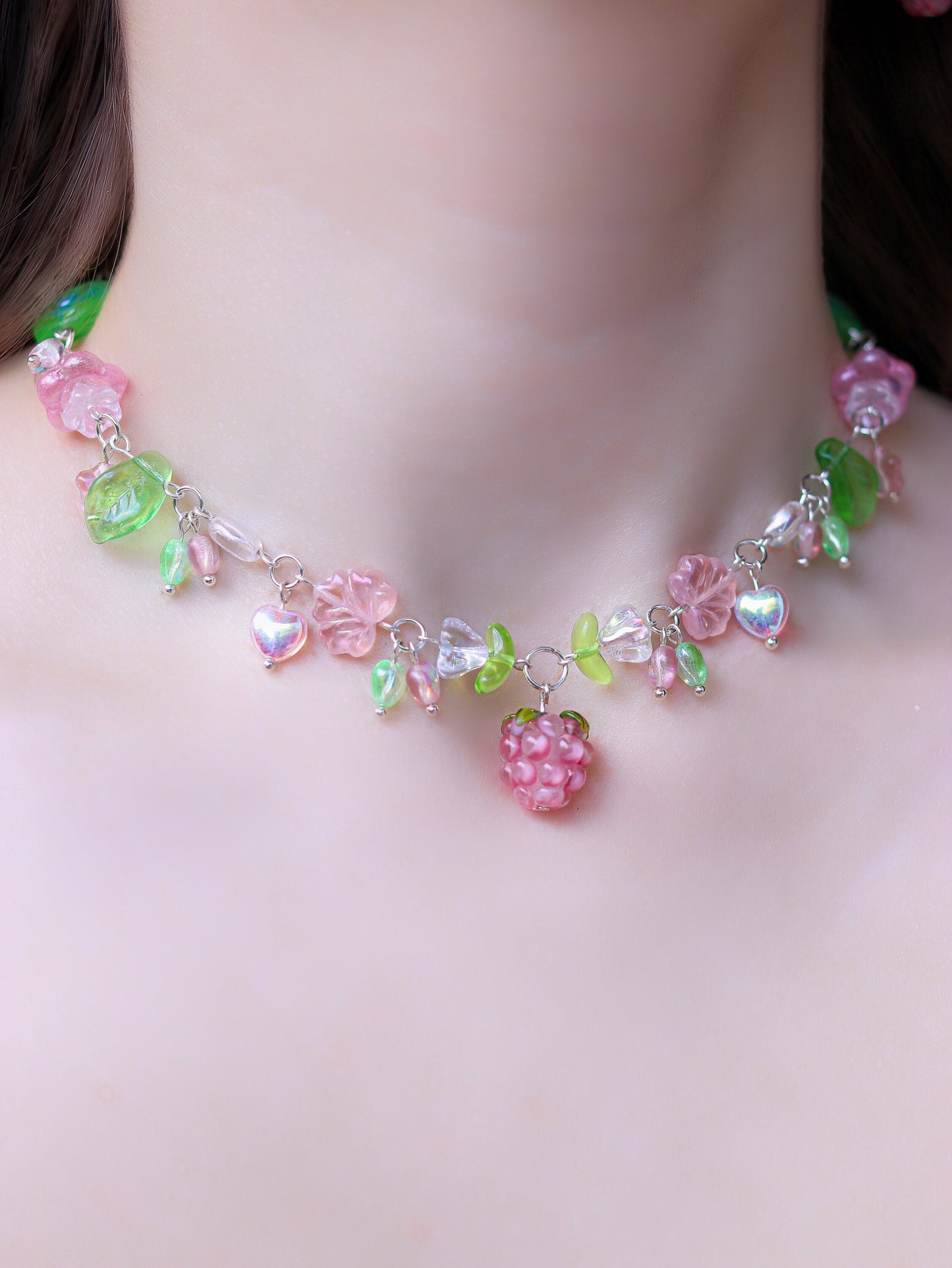 Berry Garden Necklace | Lampwork Strawberry Raspberry | Czech glass beads | Light Green with leaves, flowers, snails, hearts, stars