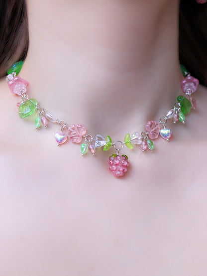 Berry Garden Necklace | Lampwork Strawberry Raspberry | Czech glass beads | Light Green with leaves, flowers, snails, hearts, stars