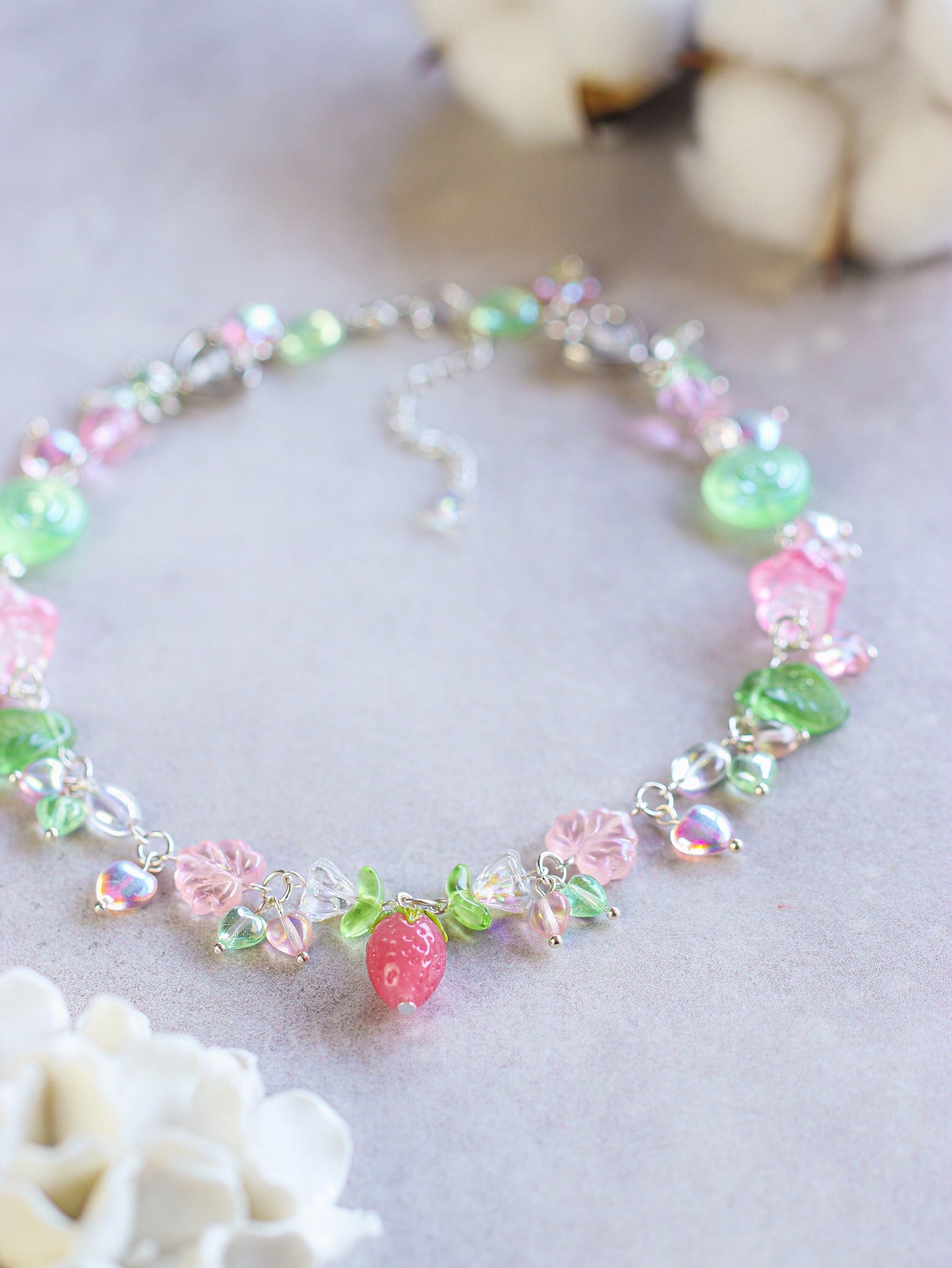 Berry Garden Necklace | Lampwork Strawberry Raspberry | Czech glass beads | Light Green with leaves, flowers, snails, hearts, stars