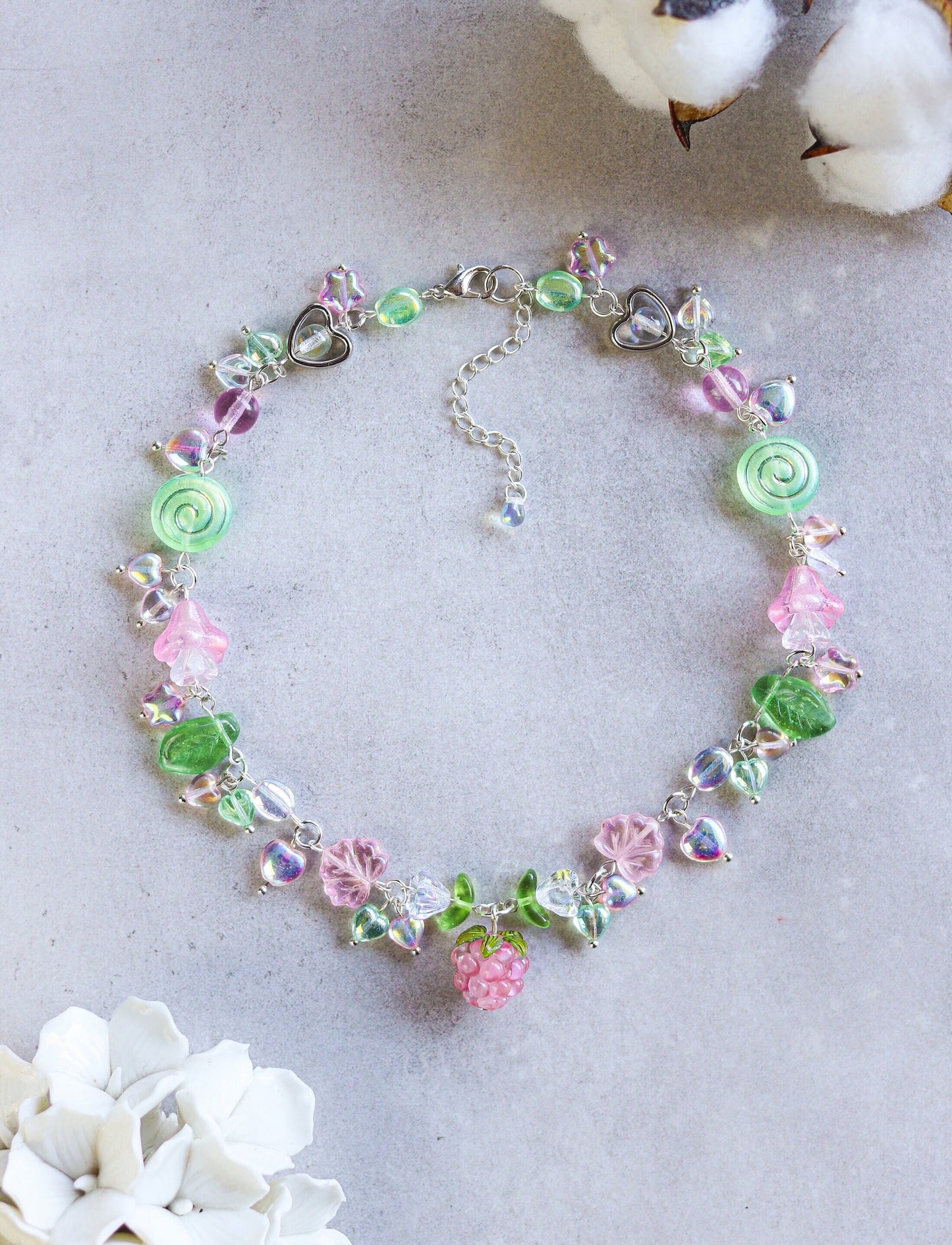 Berry Garden Necklace | Lampwork Strawberry Raspberry | Czech glass beads | Light Green with leaves, flowers, snails, hearts, stars