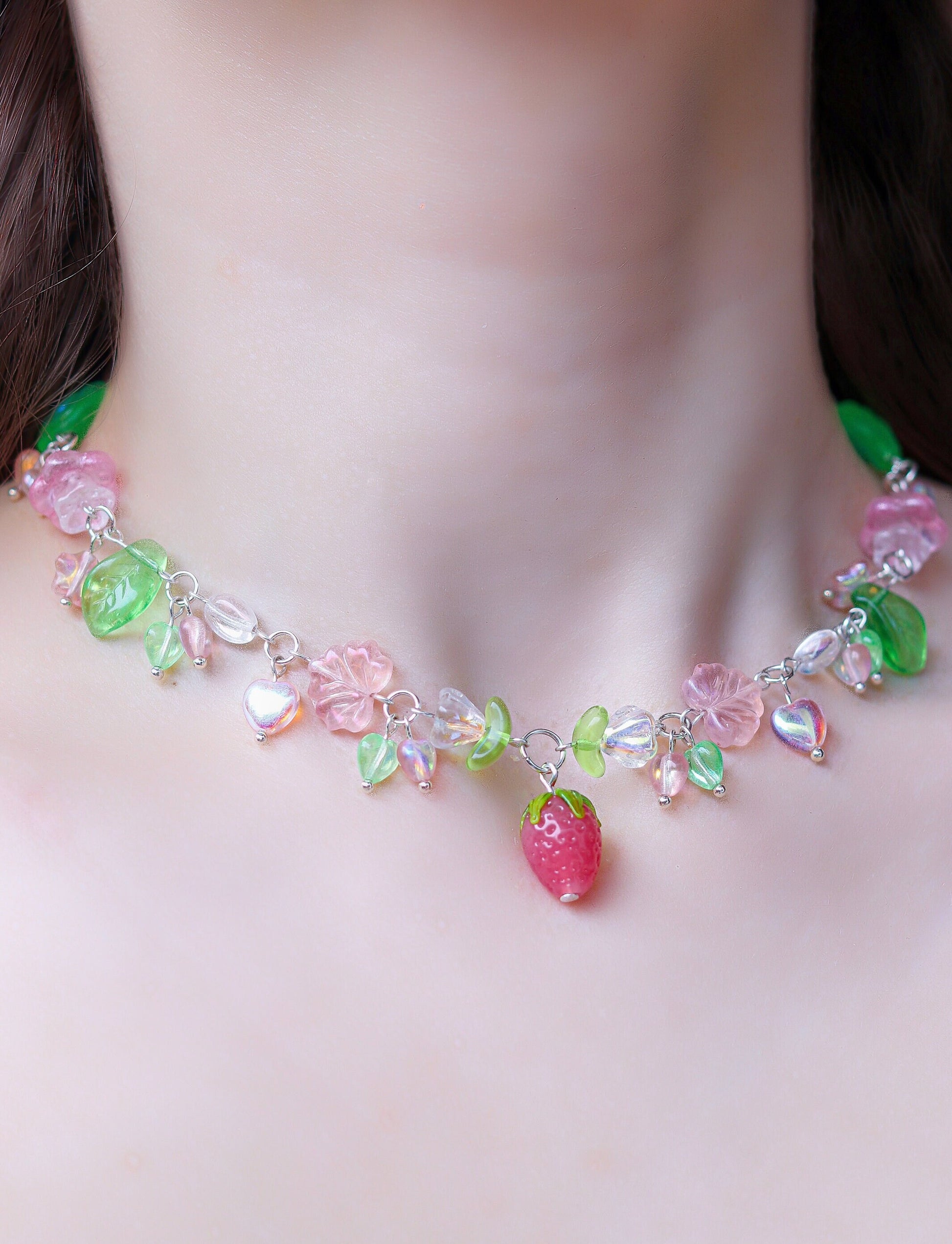 Berry Garden Necklace | Lampwork Strawberry Raspberry | Czech glass beads | Light Green with leaves, flowers, snails, hearts, stars