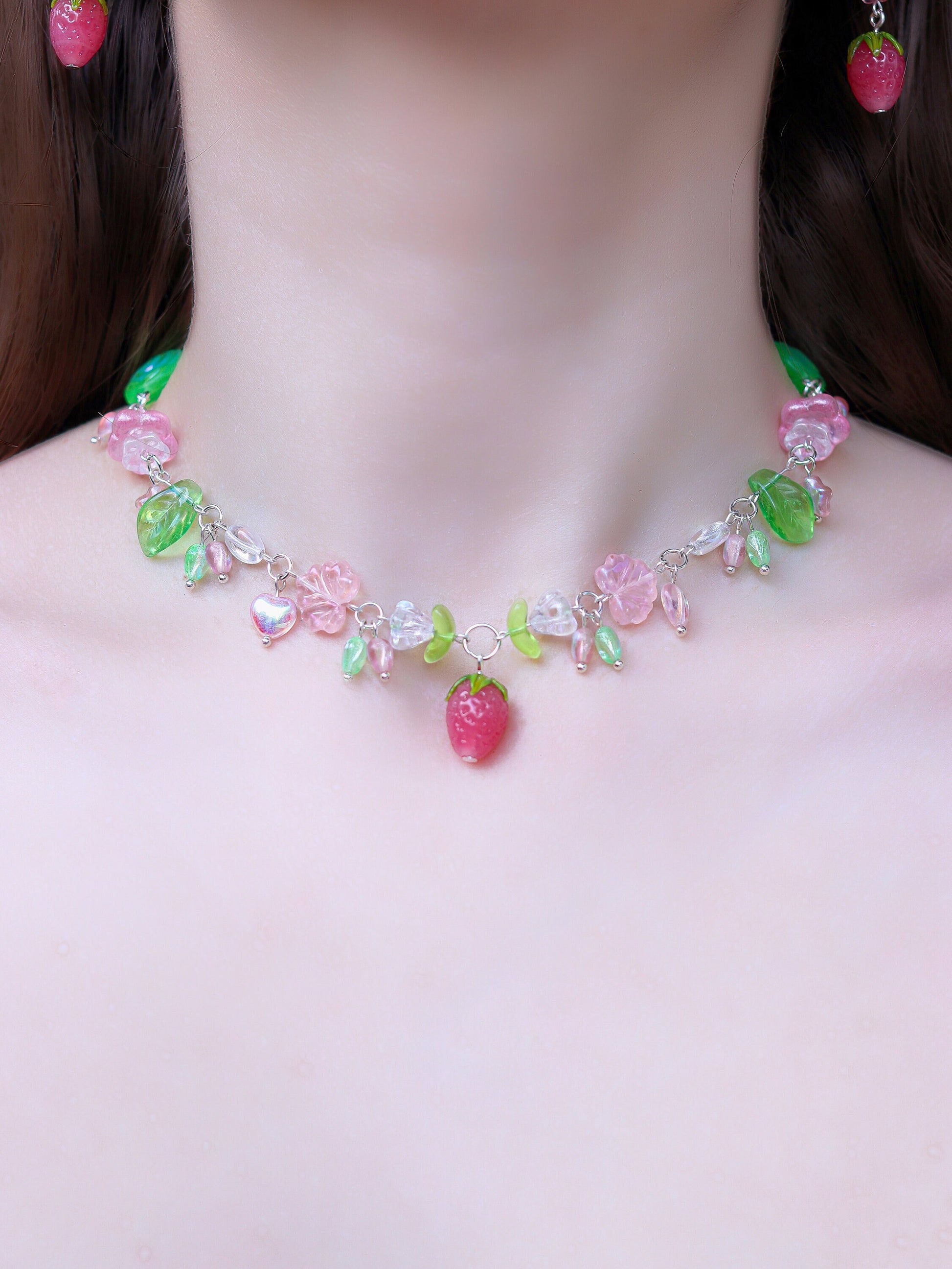 Berry Garden Necklace | Lampwork Strawberry Raspberry | Czech glass beads | Light Green with leaves, flowers, snails, hearts, stars