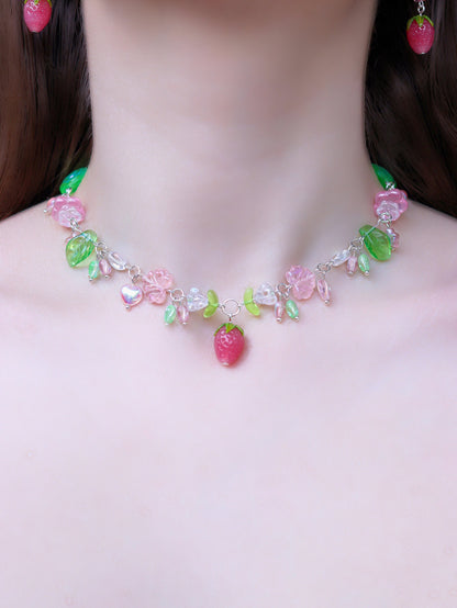 Berry Garden Necklace | Lampwork Strawberry Raspberry | Czech glass beads | Light Green with leaves, flowers, snails, hearts, stars