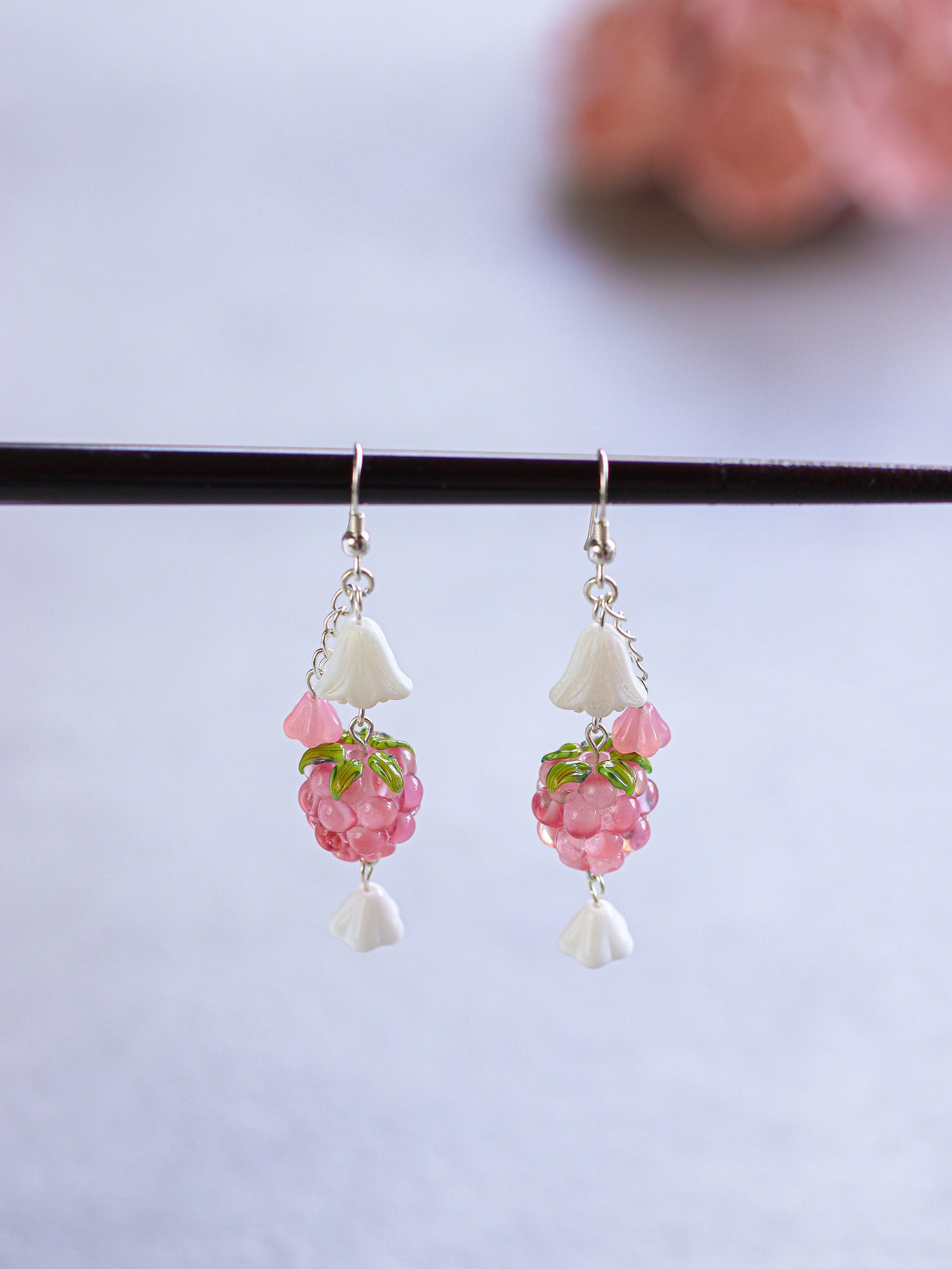 Pink Berry Shortcake Earrings | Czech glass beads | Lampwork Strawberry Raspberry | 925 sterling silver