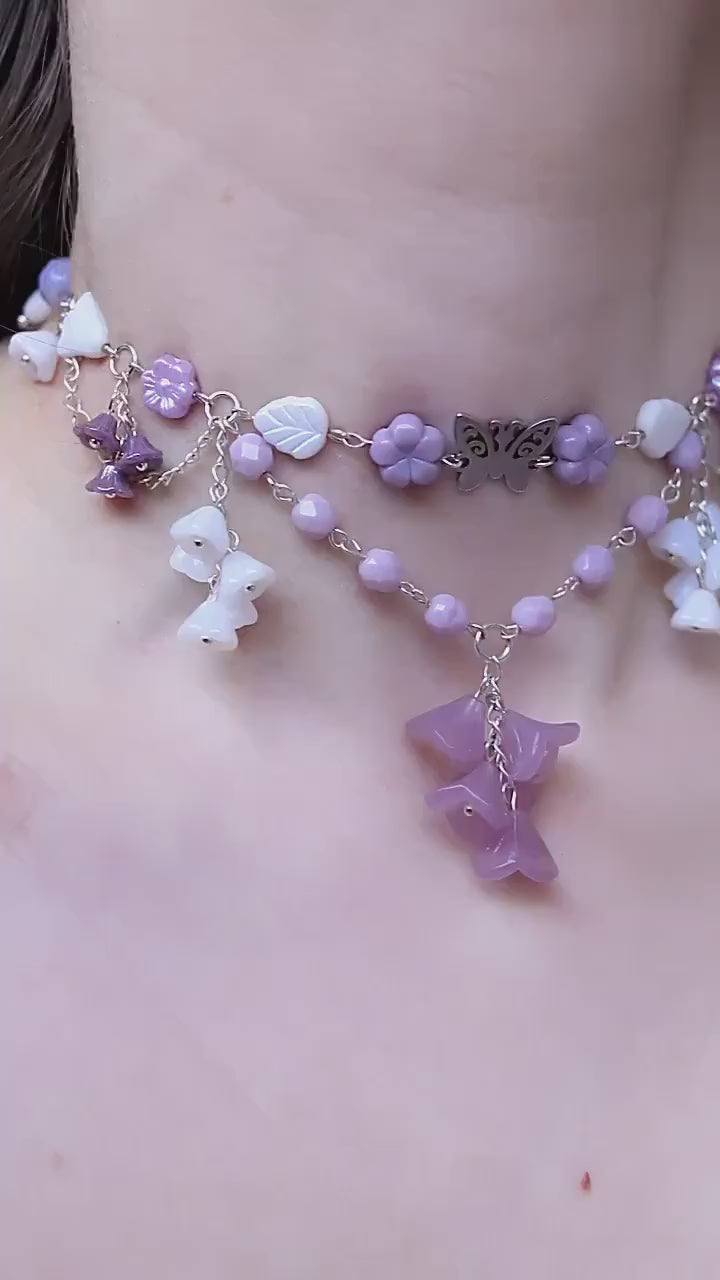 Lavender Meadow Necklace | Purple Lily of the Valley Choker Necklace | Czech glass beads | with flowers, butterflies, hearts, leaves