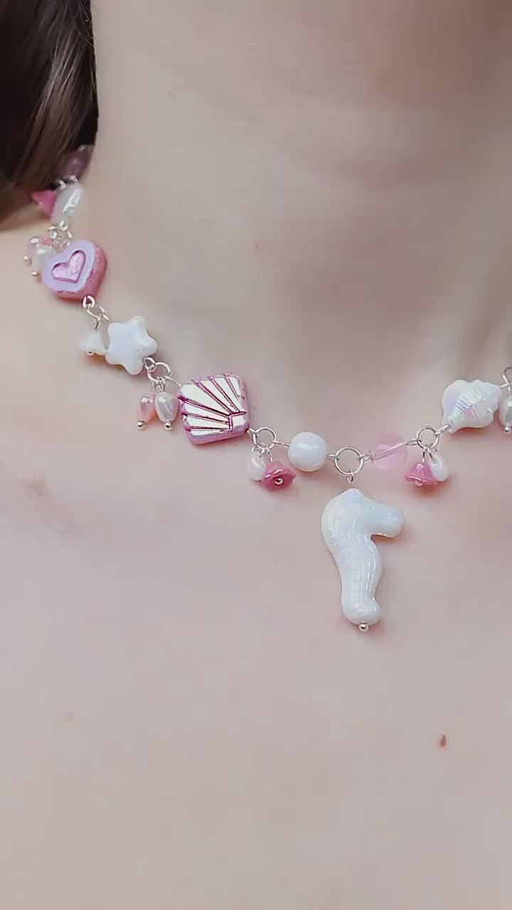 Cotton Candy Mermaid Ocean Necklace | Czech glass beads | seahorse, shells, stars and pearls